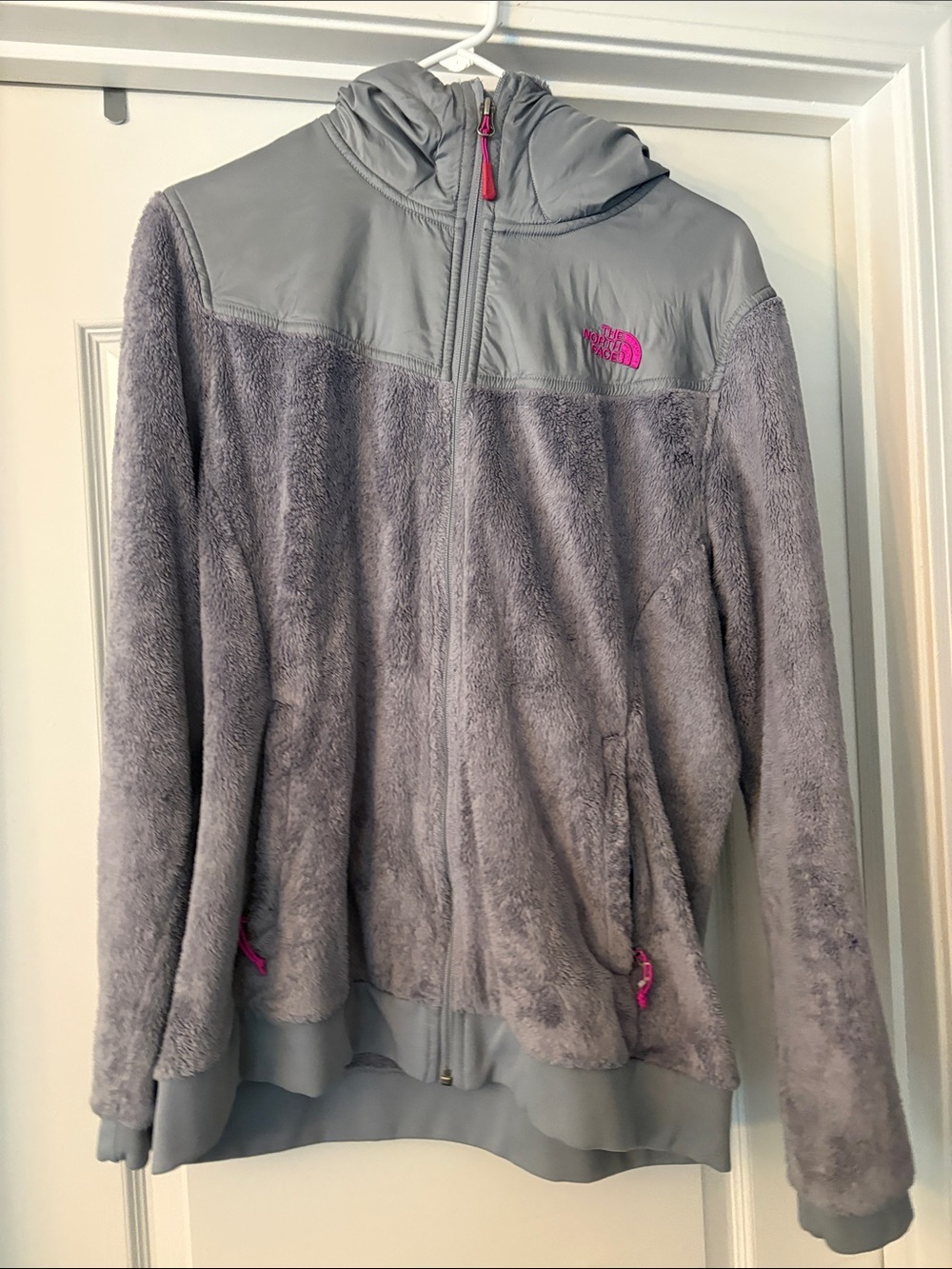 The North Face Gray Teddy Fleece Jacket with Pink Accents